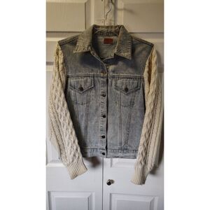 POL Clothing Distressed Denim Jacket with Cable Knit Sleeves - Size Small